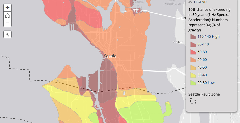 Map of the Week: Natural Hazards in Seattle Earthquake fault zone and likelihood of experiencing major earthquake. (City of Seattle)