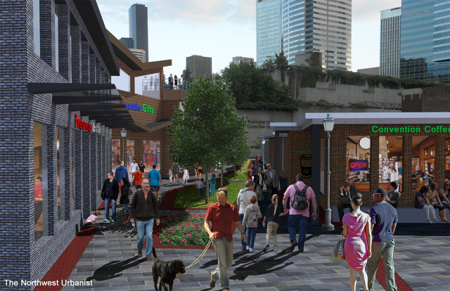 Lidding I-5 in Downtown Seattle: Cost Estimates and Case Studies A conceptual pedestrian lane over I-5 between Pike Street and Pine Street, tying into the Pike-Pine commercial corridor and proximity to the busy Convention Center. Click to enlarge and see a before-and-after view. (Graphic by the author)