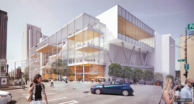 Urbanist Walking Tour: Convention Center Addition The preferred WSCC expansion design hangs over the freeway at the west corner of Pine Street and Boren Avenue. At street level this corner of the building will have small retail spaces and building entries. The building's exterior will also have much greater transparency than the original WSCC facility. (LMN Architects)