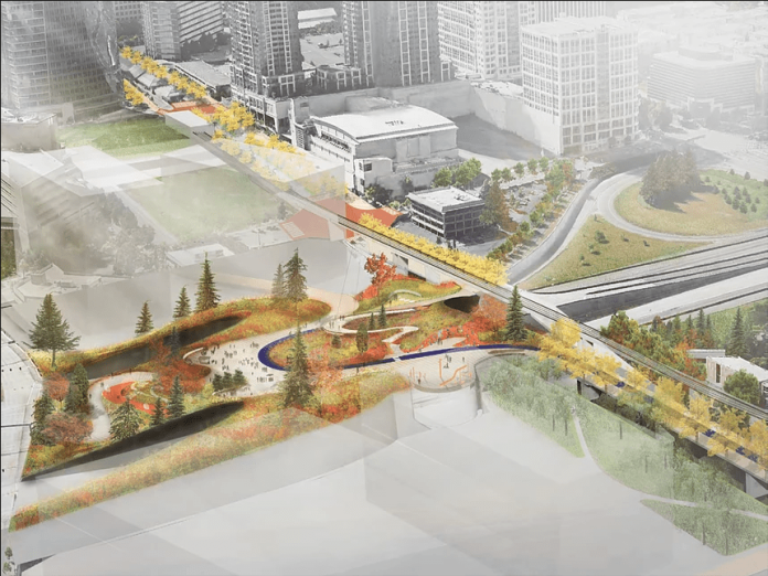 BellevueLidPark A rendering some a row of trees and lawn on a lid over 405.