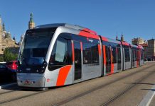 Sunday Video: Zaragoza CAF Urbos 3 Tram A long streetcar on a quiet urban street in Spain with church spire in the background