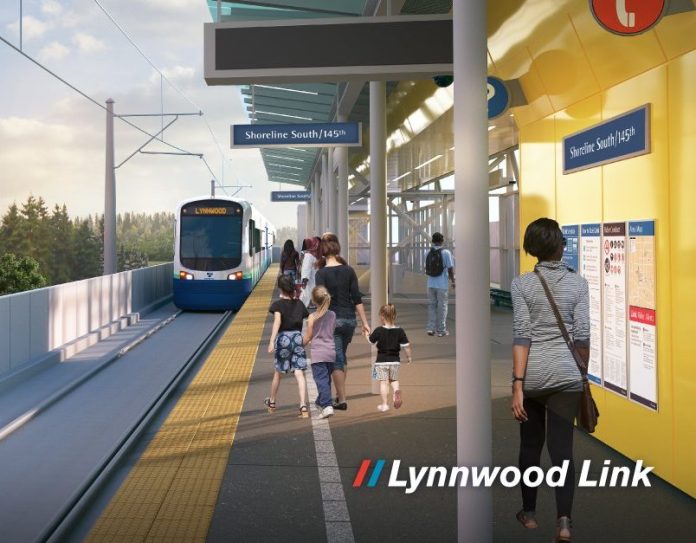 LynnwoodLink145 A rendering show passenger waited on a platform at an elevated station as a light rail train pulls in.
