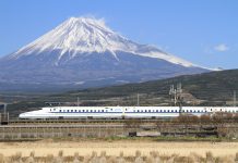 Transportation Appropriations Bill Kickstarts Cascadia High-Speed Rail Authority The Tōkaidō Shinkansen high-speed line in Japan, with Mount Fuji in the background. The Tokaido Shinkansen was the world's first high-speed rail line. (Wikipedia / tansaisuketti)