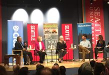 MASS Coalition Sponsors Series of Council Candidate Forums Jenny Durkan and Cary Moon sit in the middle of the forum with journalists including David Kroman and Heidi Groover on the wings.