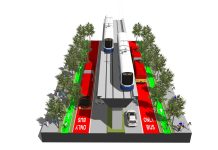 Seattle Subway Promotes Aurora Avenue Light Rail with New Renderings A elevated rail line down the middle of Aurora Avenue with bike lanes, bus lanes, and a row of trees on the side.
