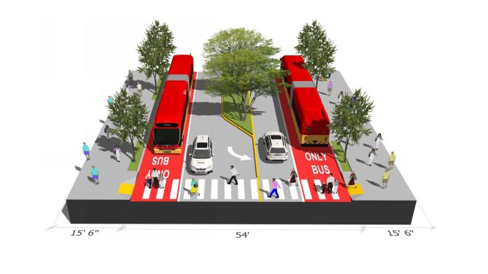 Aurora Avenue bus lane with median by Ryan DiRaimo Bus lanes and dropping a general purpose lane in each direction would turn Aurora Avenue into a much safer and more walkable street. (Image by Ryan DiRaimo)