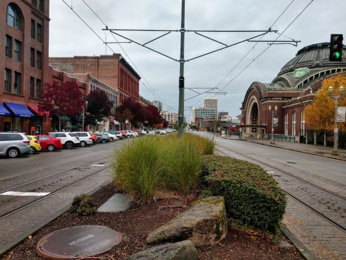 Pacific Avenue in Tacoma Downtown Tacoma's stretch of Pacific Avenue hosts the Tacoma Link streetcar. (Photo by Doug Trumm)