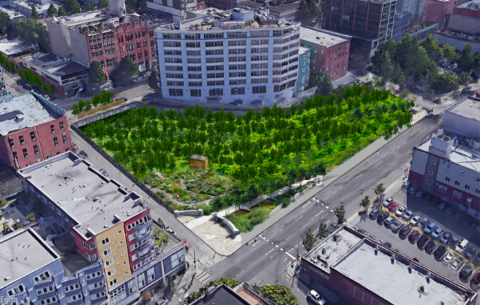 Battery Portal Park in Belltown A rendering of an orchard concept for the future park planned at the Battery Portal Site in Belltown. During the next year there will be opportunities for the public to contribute design ideas for the future park. (Credit: Recharge the Battery)