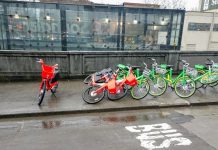 Lime Trims Staff and Bikeshare Fleet but Says It’s Not Closing Up Shop… Yet A bikeshare pile up where bikes accumulated outside the Sounder Station in Pioneer Square. (Photo by Doug Trumm)