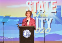 Mayor Durkan Stresses Pragmatism over Systemic Change in State of City Speech Mayor Durkan delivers her state of the city speech at Rainier Arts Center. (Credit: Seattle Channel)
