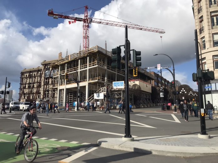 A protected bike and all-way pedestrian intersection in Victoria. A protected bike and all-way pedestrian intersection in Victoria.