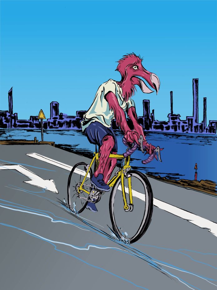 DODO A dodo on a bike along the industrial waterfront. (Reed Olson)