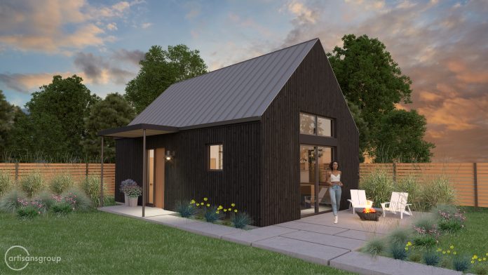 PreApprovedDADU_Artisans1 Backyard cottage with woman in patio and sunset.