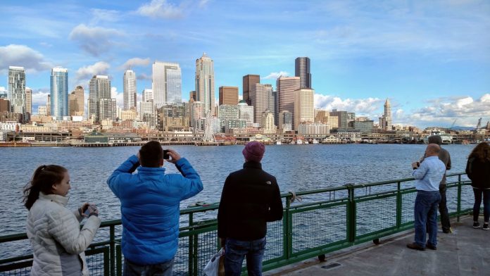 Seattle Skyline from Ferry Downtown Seattle skyscrapers seen from a ferry in Elliott Bay