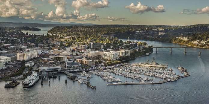 Bremerton official city photo Bird's eye view of downtown Bremerton with the marina and some midrise buildings in the foreground.