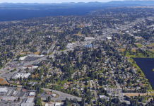 Edmonds Is Planning SR-99 Corridor Safety Improvements, Some Benefiting Pedestrians and Bikes Aerial of the SR-99 corridor in Edmonds which is a strip of density in a sea of mostly single family homes.