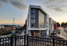 Shoreline Apartment Boom Picks Up Along RapidRide E, Still in Infancy Near Light Rail A new triangular shaped six-story apartment building at dusk.