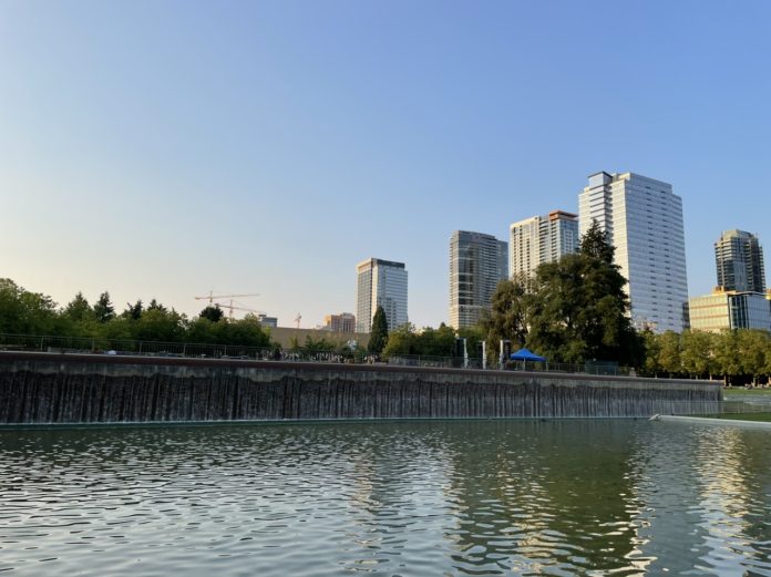 A view of a growing Downtown Bellevue from the city's central park. A view of a growing Downtown Bellevue from the city's central park.
