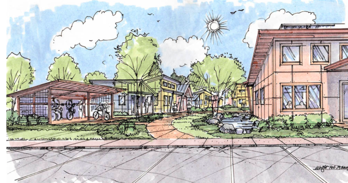 ECOThrive affordable housing A drawing of a housing development made up of one small multifamily building in front with four tiny houses behind it. There is a bike shed to the left and parking spaces for cars near the bottom of the drawing.