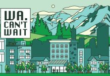 Washington Can’t Wait 2022 Legislative Session Wrap-Up A graphic of blue and green mountains with the skyline of a city in front of them with the words WA Can't Wait in a white box on the left corner.