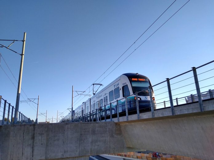 Northgate Link train A photo of a light rail train on an elevated rail line.