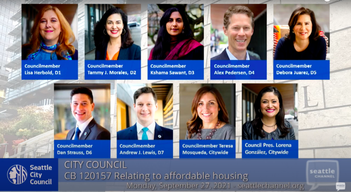 Seattle City Council September 2021 A screenshot of a virtual Seattle City Council meeting with photos of all nine councilmembers displayed.