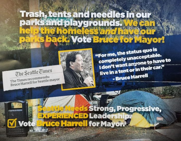Bruce-Harrell-PAC-mailer-1024x796 "Trash, tents and needles in our parks and playgrounds. We can help the homeless *and* have our parks back. Vote Bruce for Mayor," read the top line of the mailer. Next to a head shot of Bruce Harrell a quote is included: "Fore me, the status quo is completely unacceptable. I don't want anyone to have to live in a tent or in their car."