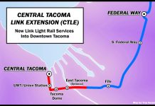 Build Link Light Rail Right: Send Trains into Tacoma’s City Center A map showing a light rail alignment running from Federal Way through Fife, East Tacoma, and the Tacoma Dome. The line terminates in central Tacoma after Union Station.