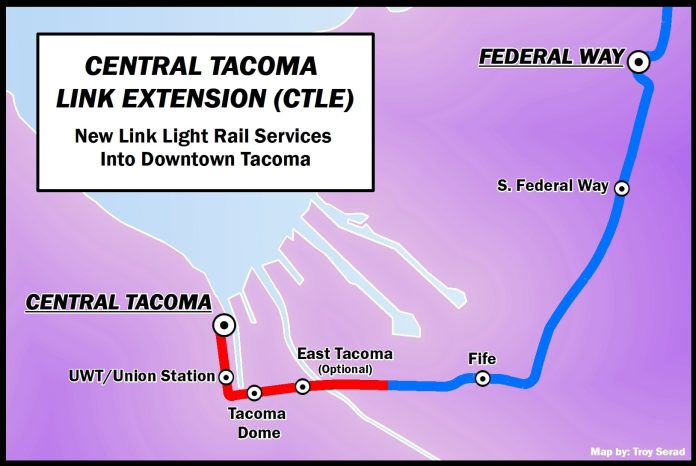 CTLE Revised 10-14-2021 JPG A map showing a light rail alignment running from Federal Way through Fife, East Tacoma, and the Tacoma Dome. The line terminates in central Tacoma after Union Station.