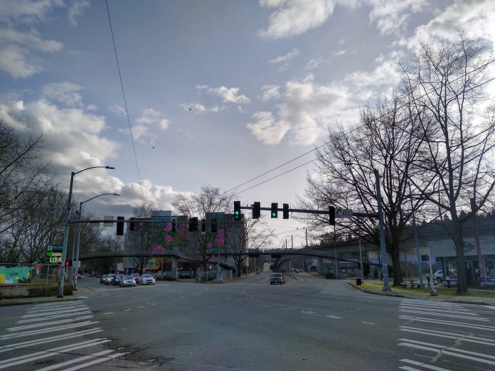 Mount Baker Improvements A wide intersection where two streets meet at an angle, some legs without crosswalks.