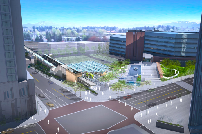 Rendering of Downtown Bellevue light rail station The rendering shows a light rail station connected to a park near roads.