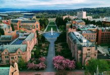 An Urbanist’s Guide to the U District Station Area Aerial photo of the University of Washington overlooking a fountain, with Rainier Vista at its center