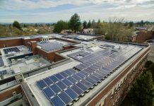 Push for Solar Schools Gaining Momentum A photo of a solar array on the rooftop of a school building.
