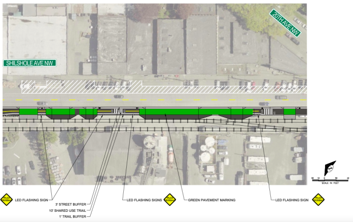 Screen Shot 2021-11-10 at 4.08.08 PM A map shows the new design for the Burke Gilman trail on Shilshole Avenue NW where the trail crosses business driveways. Green paint marks the crossings.