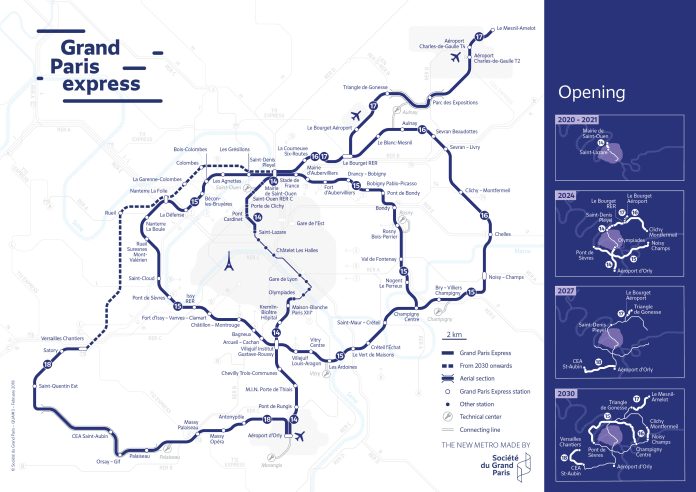 Grand Paris express A map of the Grand Paris express with four maps showing different stages of completion on the right side.