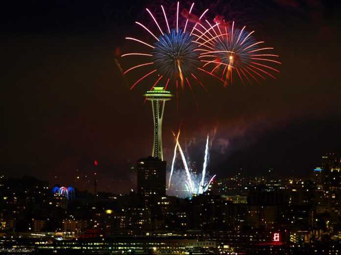 Seattle fireworks A photo of fireworks at an illuminated space needle