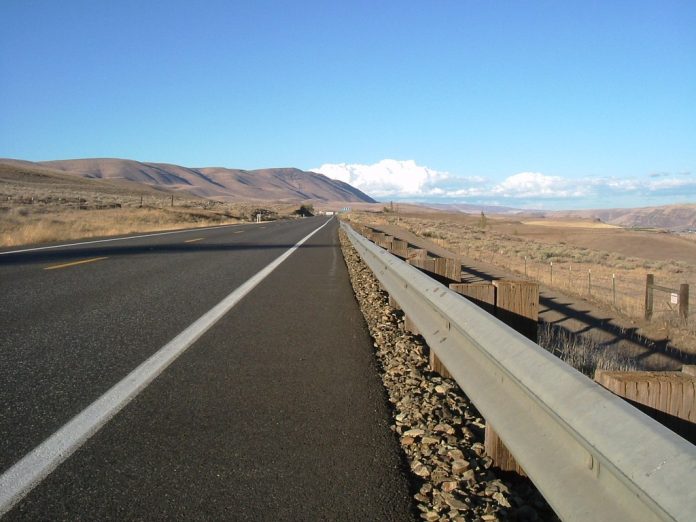 Washington State Highway 14 A close up view of a highway in an arid landscape.