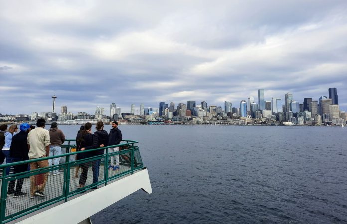 Seattle Skyline from Bainbridge ferry It's photo snapping time as the Bainbridge ferry approaches Seattle, offering sweeps shots of the skyline along the shores of Elliott Bay