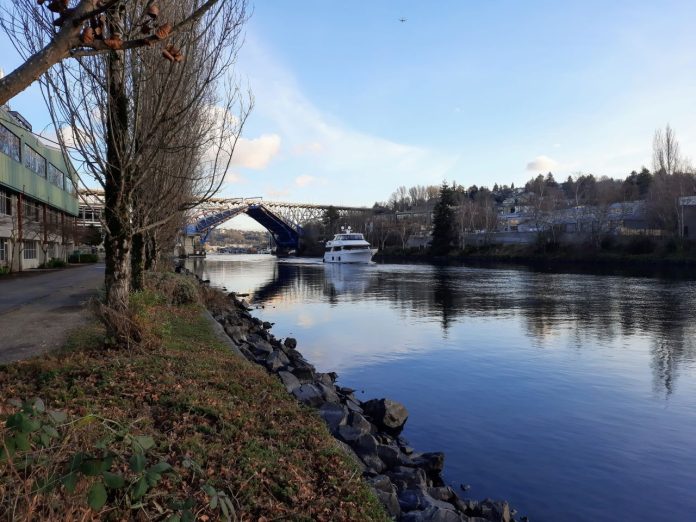 A yacht passes Fremont Bridge 20201222
