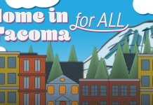 Home in Tacoma for All Coalition Seeks Greater Equity in Zoning Reforms A colorful image with buildings in front of a mountain with the words Home in Tacoma for All in bold font.