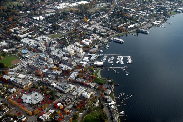Aerial_Kirkland_Washington_November_2011 an aerial view of Kirkland showing the downtown near the waterfront and some close by residential neighborhoods.