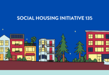 I-135 Social Housing Backers Expect to Qualify for February Ballot After Turning In Another 7,500 Signatures Image description: Three and four story rowhouses with trees along a street with a bus on it. Text reads: Social Housing Initiative 135