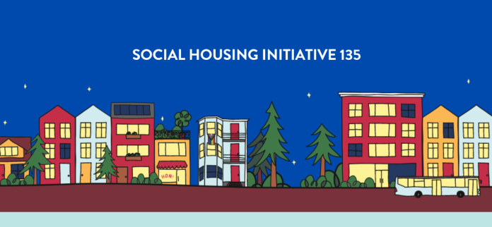 Image description: Three and four story rowhouses with trees along a street with a bus on it. Text reads: Social Housing Initiative 135
