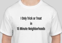 7 Last-Minute Urbanist Halloween Costumes A white t-shirt reads "I only trick or treat in 15-minute neighborhoods"