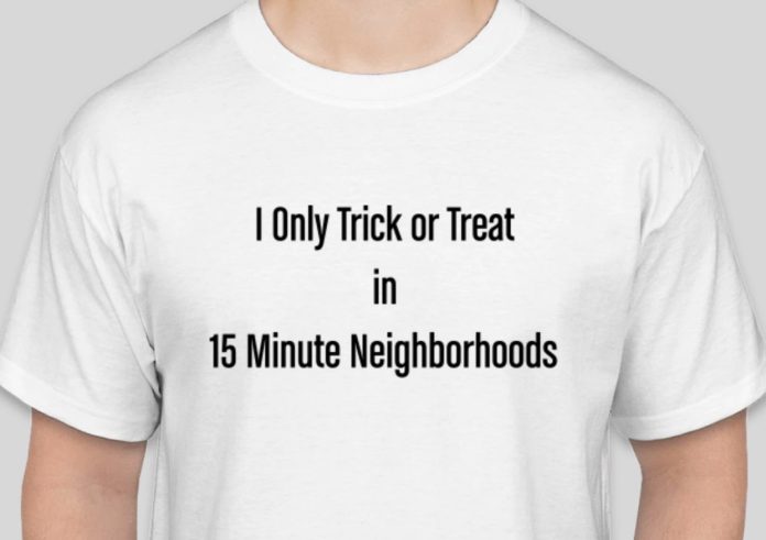 Urbanist t-shirt A white t-shirt reads "I only trick or treat in 15-minute neighborhoods"