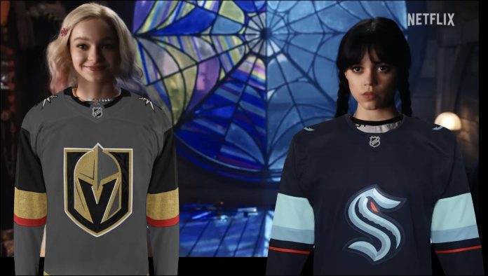 The Best Of Frenemies Promotional photo from the show Wednesday with colorful Enid on the left wearing a Vegas Golden Knights sweater and dark Wednesday Addams wearing a Seattle Kraken sweater.