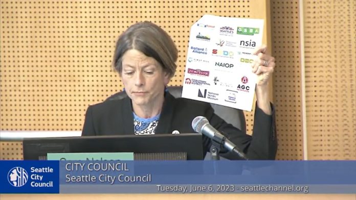 CM-Sara-Nelson-with-business-logos-at-City-Hall-2023-06-06 Nelson displays a letter showing the logo of several busines sgroups including the Chamber, Downtown Seattle Association, NAOIP, and others.
