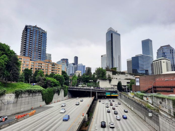I-5 trench downtown Seattle by Doug 20230527 Seattle Skyline with I-5 trench and Freeway Park overhead.