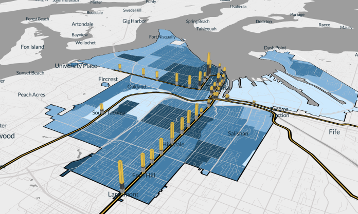 Screenshot 2023-06-15 at 12.46.46 PM An aerial view of Tacoma showing population density and potential new housing that could be created by transit stations.