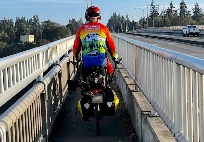 Travis Warren Ave Bridge Bremerton Bicycle with saddlebags barely fits on the 3.5 foot Warren Avenue Bridge crossing.